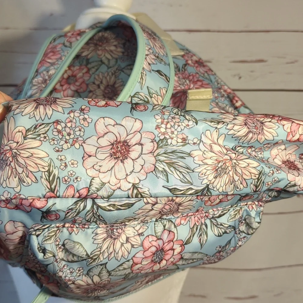Chrysanthemum Floral Teal and Pink‎ Women's Backpack Purse Satin Feminine Girly